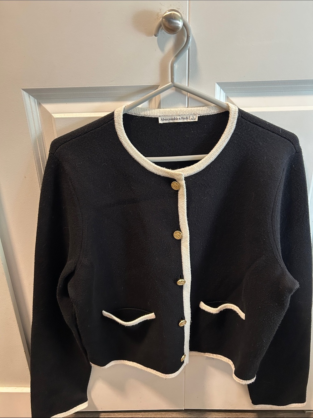 Abercrombie & Fitch Black Cardigan Jacket with White Trim and Gold Buttons